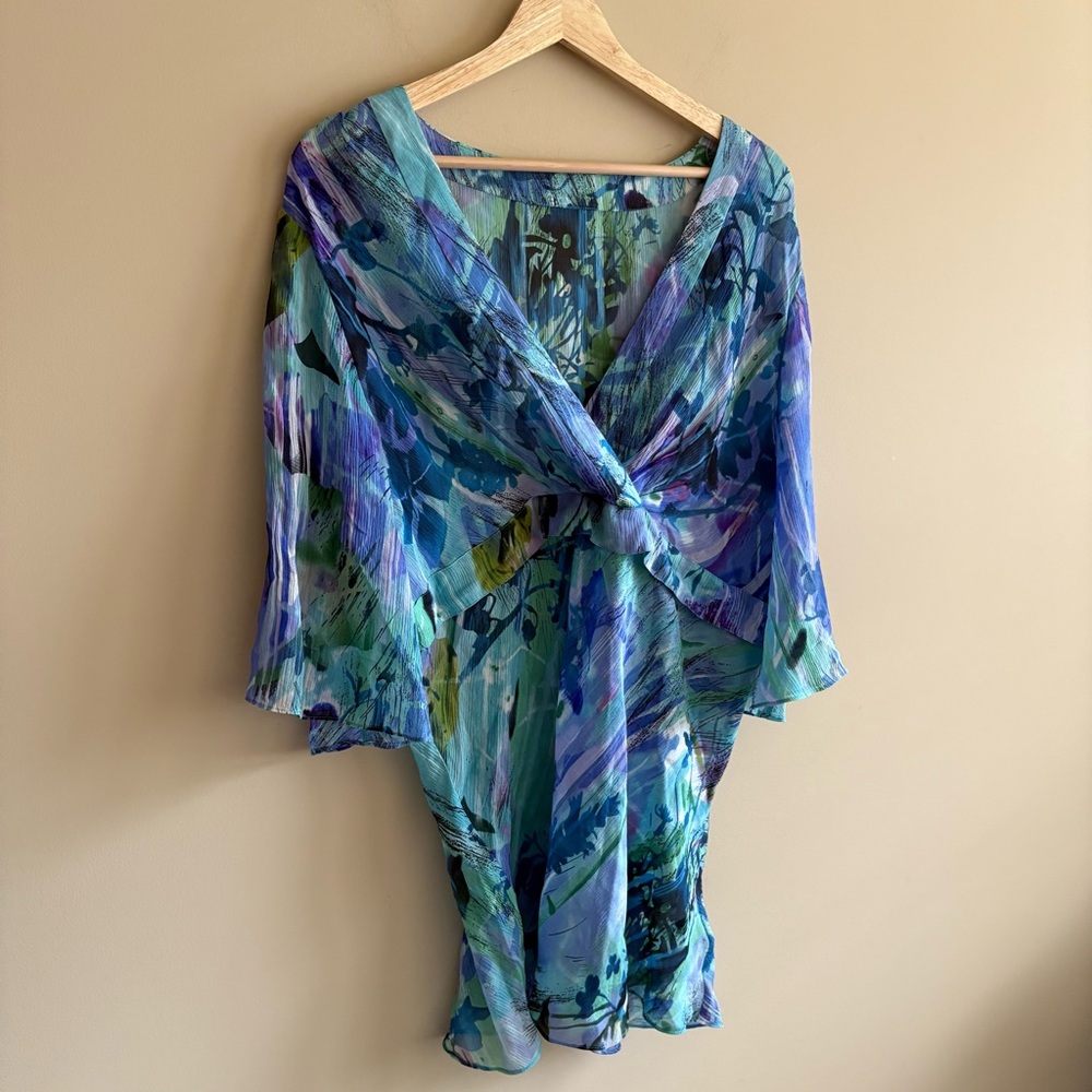 Reba Vibrant Blue and Green Shirt and Skirt Matching Set, 100% Silk, Size M - Picture 4 of 13